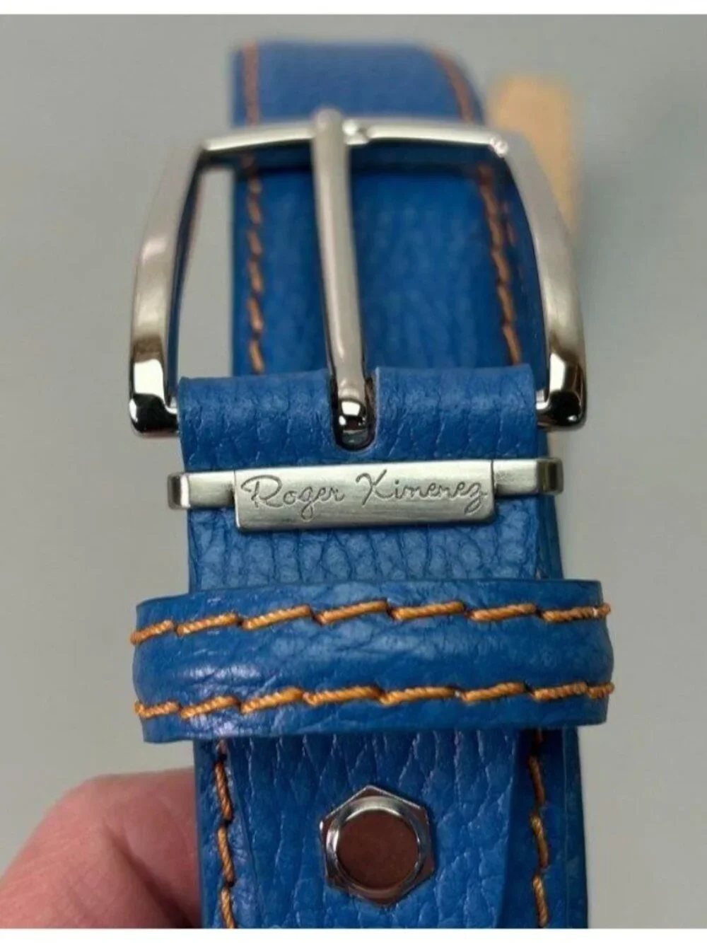 Roger Ximenez Men's Italian Calf Leather Blue  Yellow Stitching Belt 46 Inches